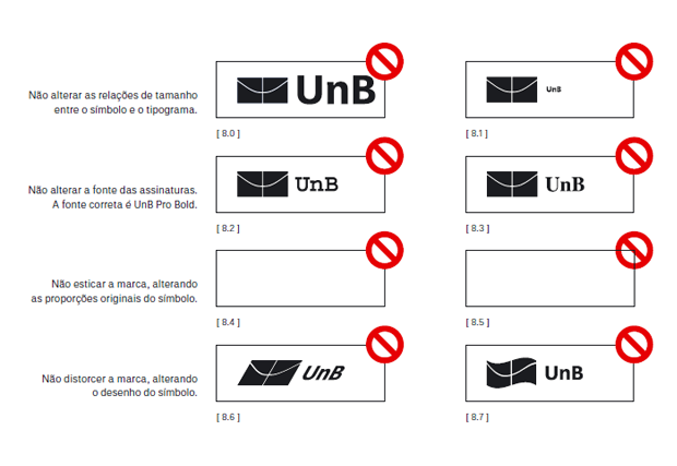 exemplo de proibições da marca - imagem retirada da página de apresentação do manual de marca da UNB - Universidade de Brasília