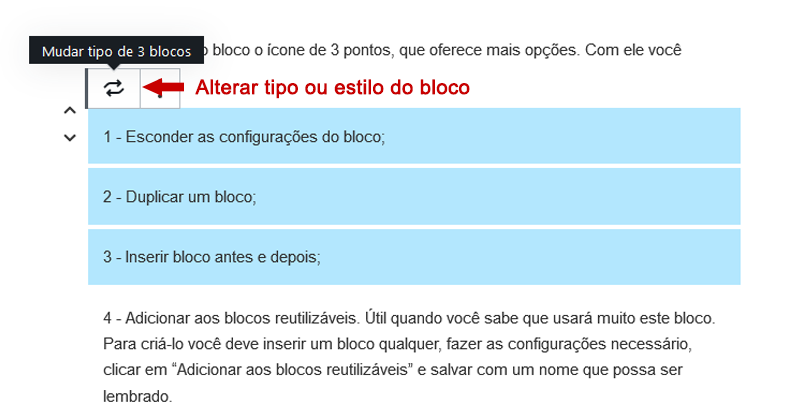 alterar tipo ou estilo do bloco