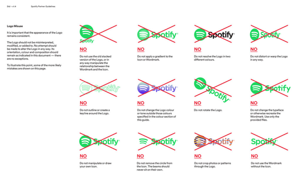 Aplicações proibidas do manual de identidade visual Spotify