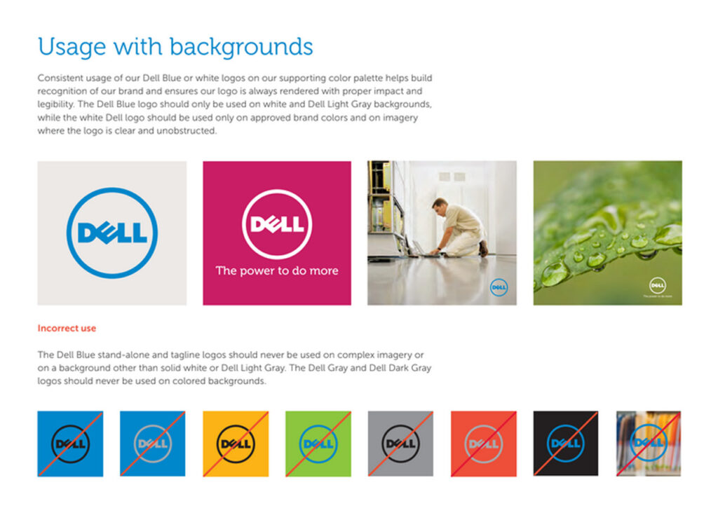 Manual de identidade visual - Usos corretos e incorretos da marca Dell em fundos Coloridos