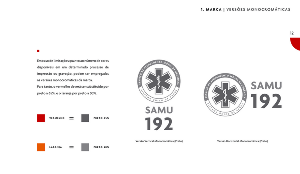Manual de identidade visual - Versões monocromáticas da marca SAMU